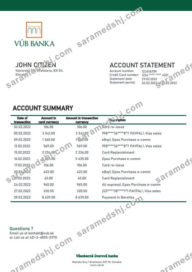 Slovakia VUB bank statement